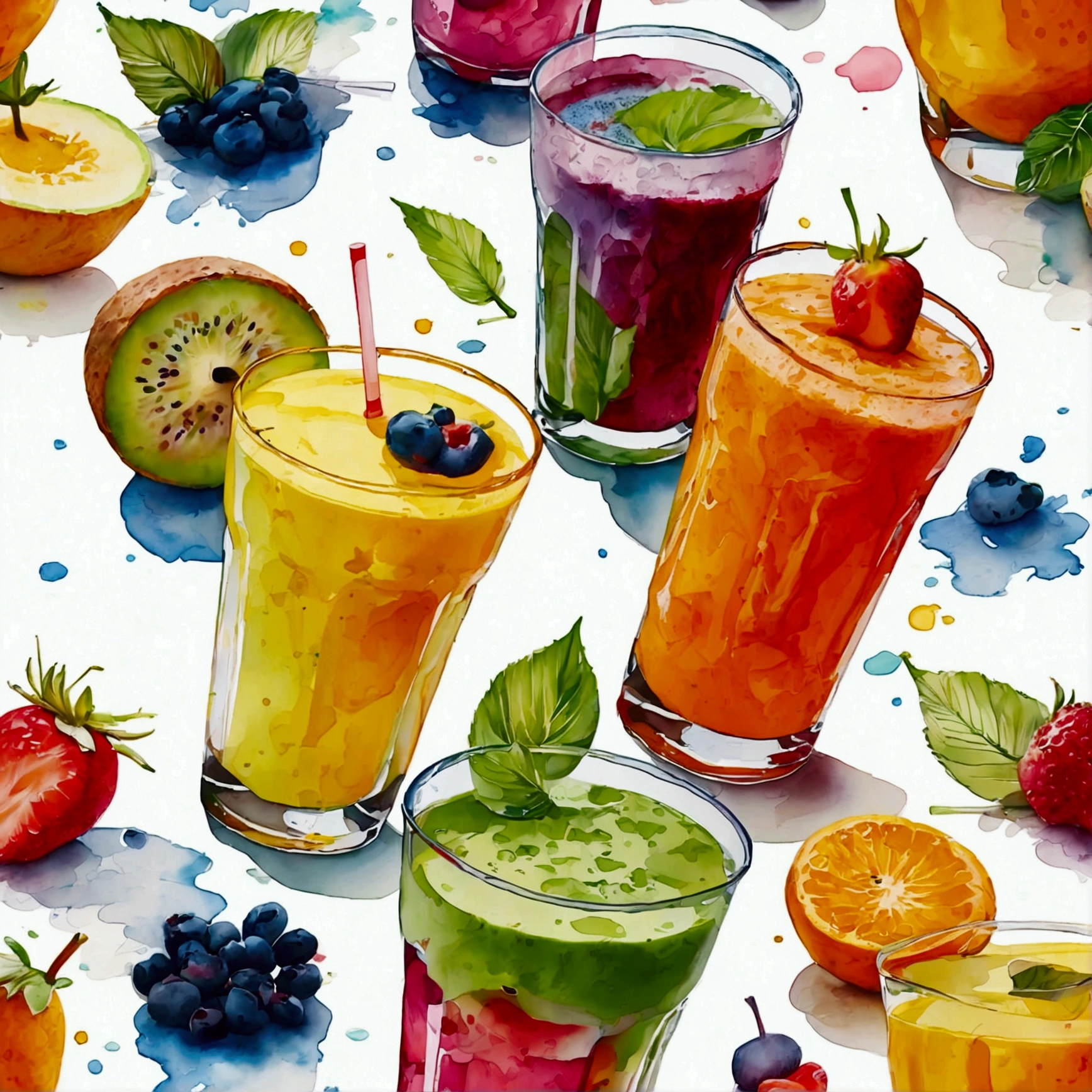 there are two types of colorful healthy drinks served in two glasses, the glasses sitting on a surface, juices, smoothie and infused water , illustration, isolated with solid white background, surrounded with negative space, centered composition, highest detailed painting, very precise line, Isolated, clear solid white background, perspective angle of view, ((watercolor:1.5)), (lora:add-detail-xl:1), (masterpiece), (best quality), no bread on the floor, washed out color, oil and watercolor painting