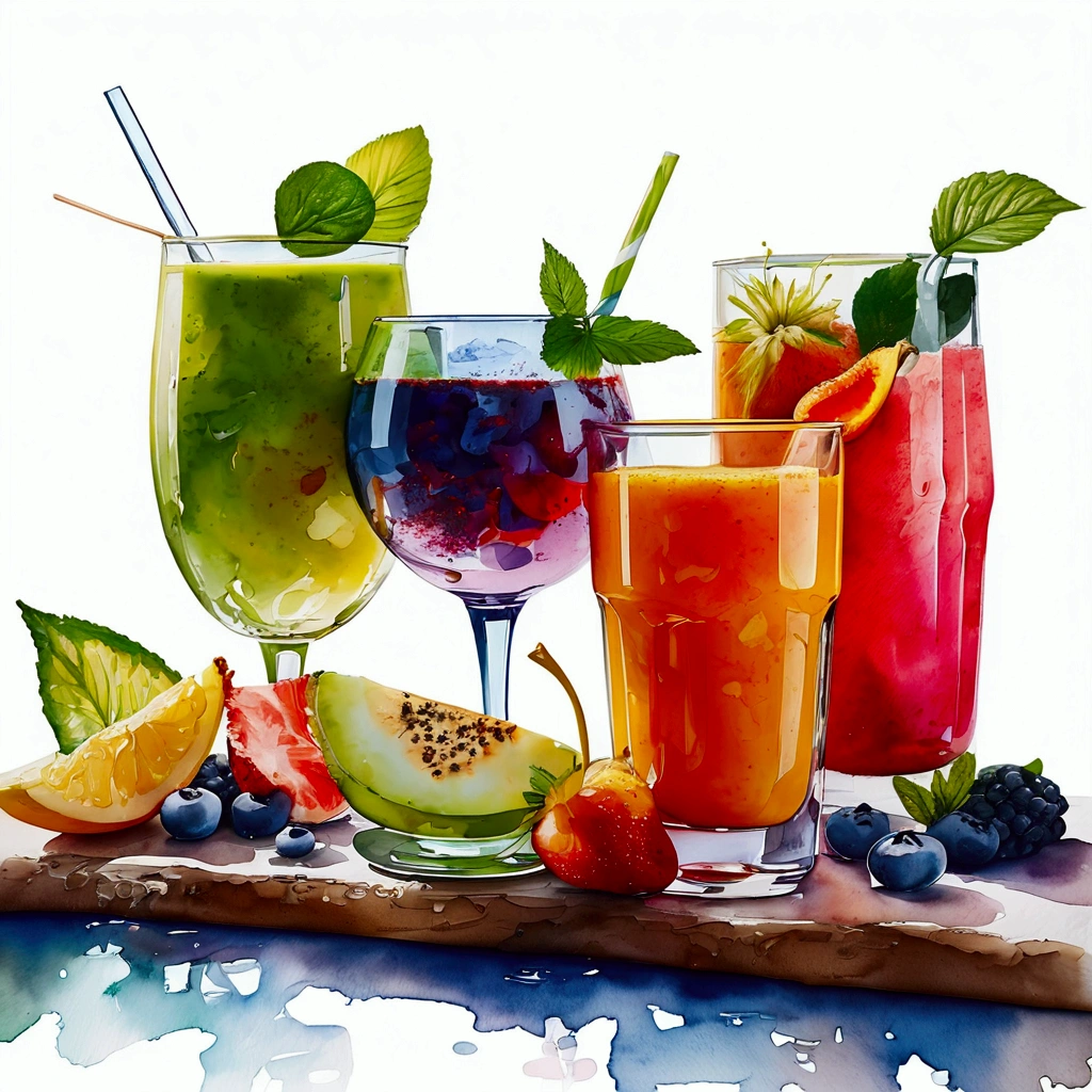 there are two types of colorful healthy drinks served in two glasses, the glasses sitting on a surface, juices, smoothie and infused water , illustration, isolated with solid white background, surrounded with negative space, centered composition, highest detailed painting, very precise line, Isolated, clear solid white background, perspective angle of view, ((watercolor:1.5)), (lora:add-detail-xl:1), (masterpiece), (best quality), no bread on the floor, washed out color, oil and watercolor painting