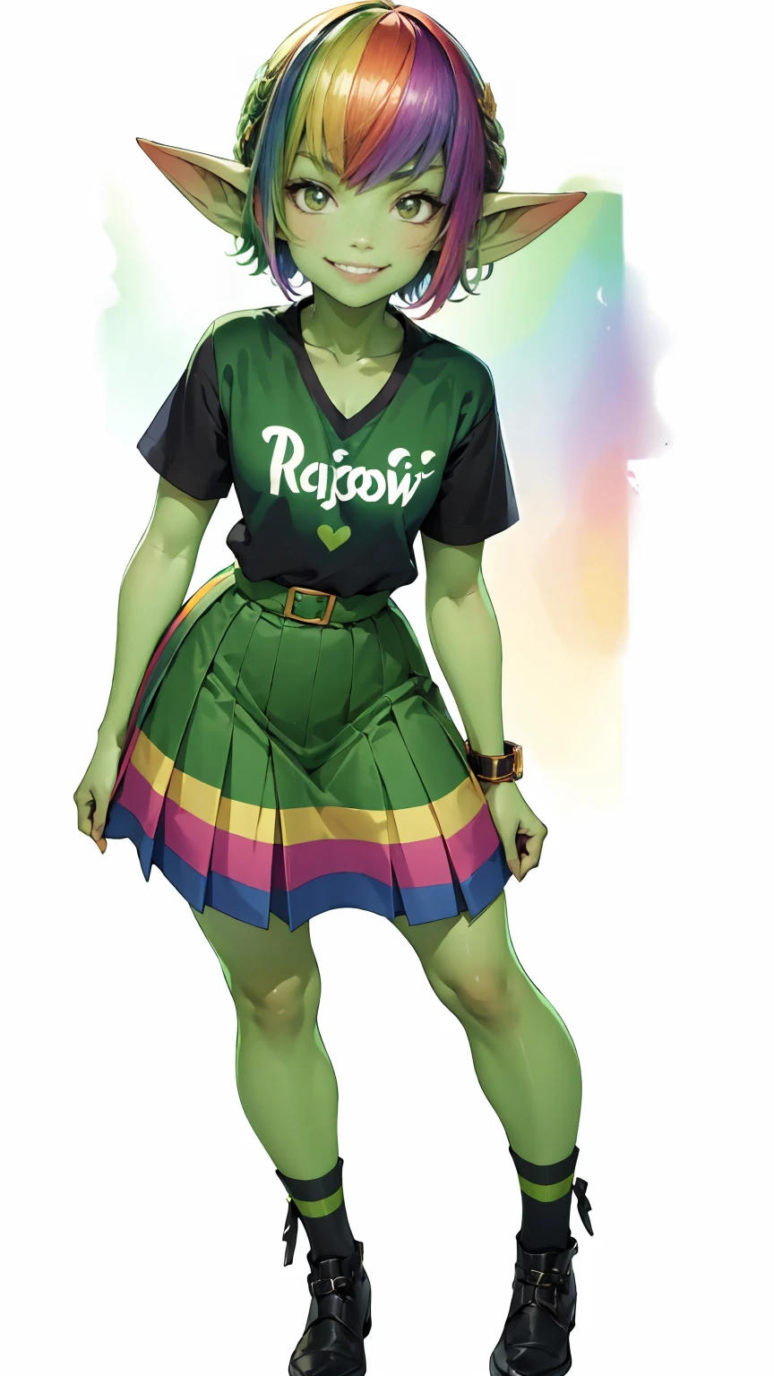 1 girl, short hair, green goblin girl, green skin, small pointy ears, ((rainbow hair)), very fashionable skirt and shirt, wearing knee-socks, smiling, full body, standing, posing for portrait, smiling, white background, simple background
