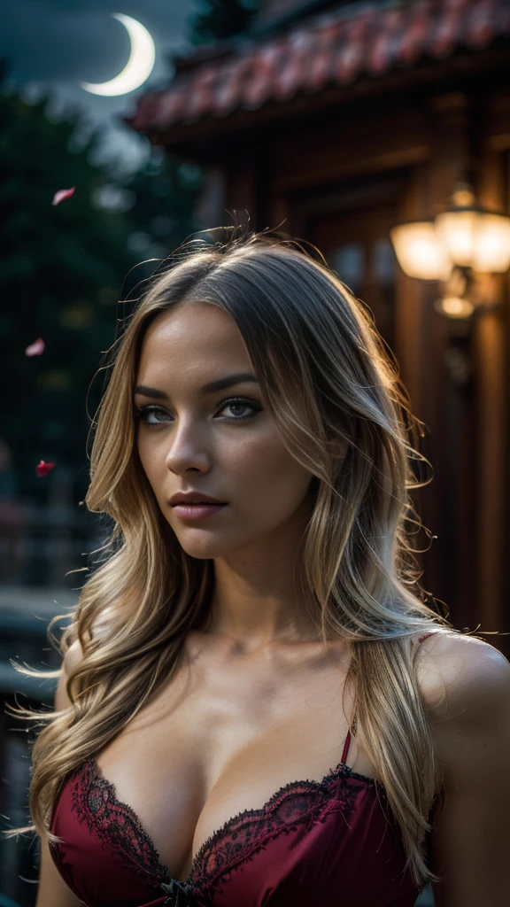 masterpiece, best quality,, sexy women, (colorful),(finely detailed beautiful eyes and detailed face),cinematic lighting,bust shot,extremely detailed CG unity 8k wallpaper,long flowy hair,solo,angry face,red lace dress,((flying petal)), sky, cloudy_sky, building, moonlight, moon, night, (dark theme:1.3), light, fantasy,