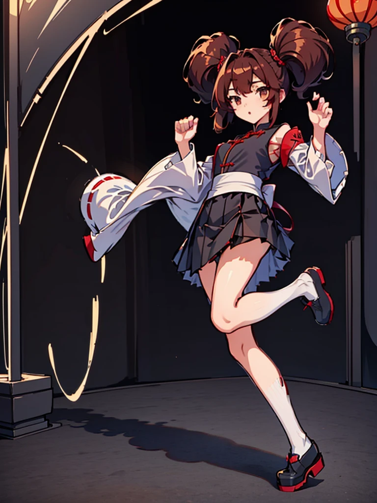 masterpiece, Highest quality, 8K, Pixel Art, ((One woman)), whole body, fine, fineな顔, {{China dress, redい, Beautiful embroidery, Tai Chi Pattern, mini, slit}}Chinese clothing, Brown Hair, Ring-shaped hair, Twin tails, Kicking:1.3, effect, 炎のeffect, yellow, red, white, orange, 派手なeffect