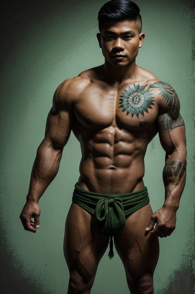 Make me an image of a Filipino man with muscles and tattoos during the pre colonial era. His body is like rock. His arms is converted into a literal rock arms. and beside him are green shadows that resemble ghost animals. These ghost animals are his assistants.