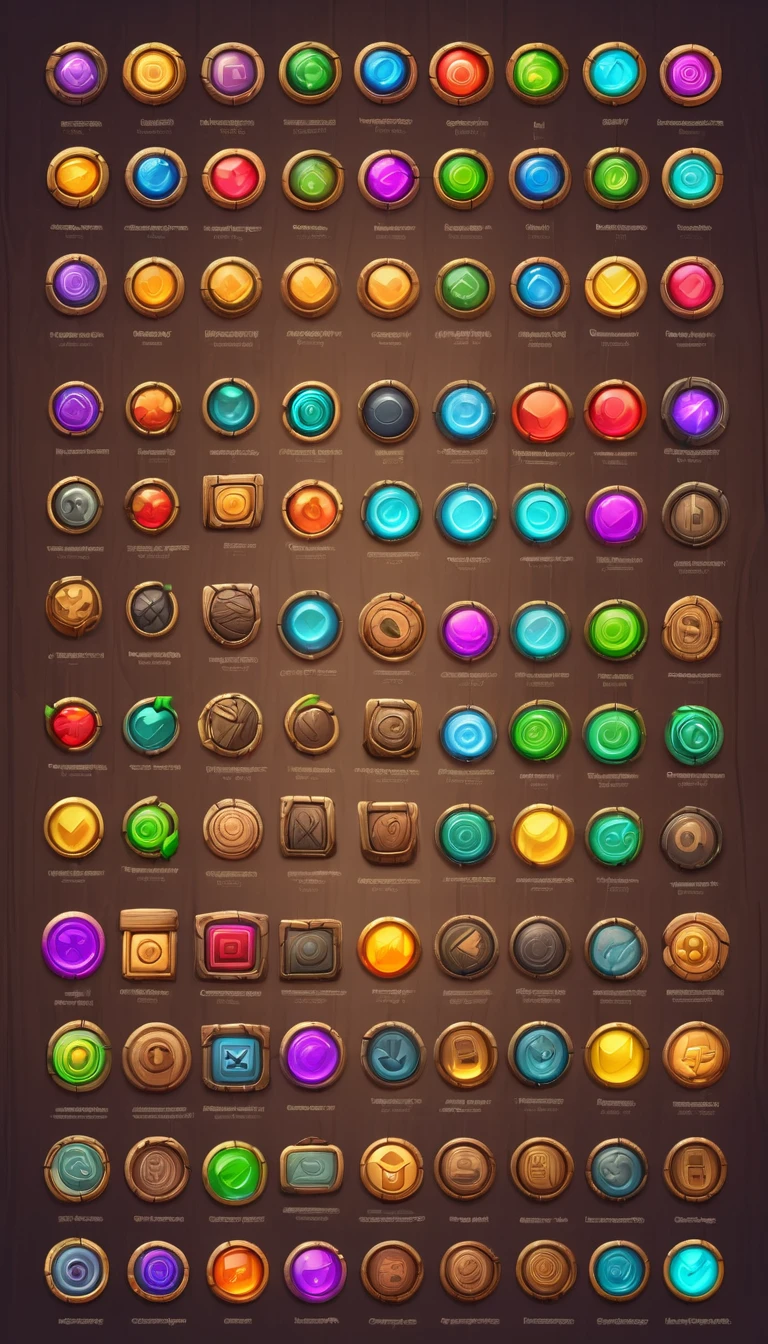 a set of UI Buttons,circular and rectangular Buttons,round buttons,wooden buttons with store or market symbol on it,Game Gui,game UI,UI design,64k, artstation, pinterest, best quality, by master ui artist, fantasy, stylized