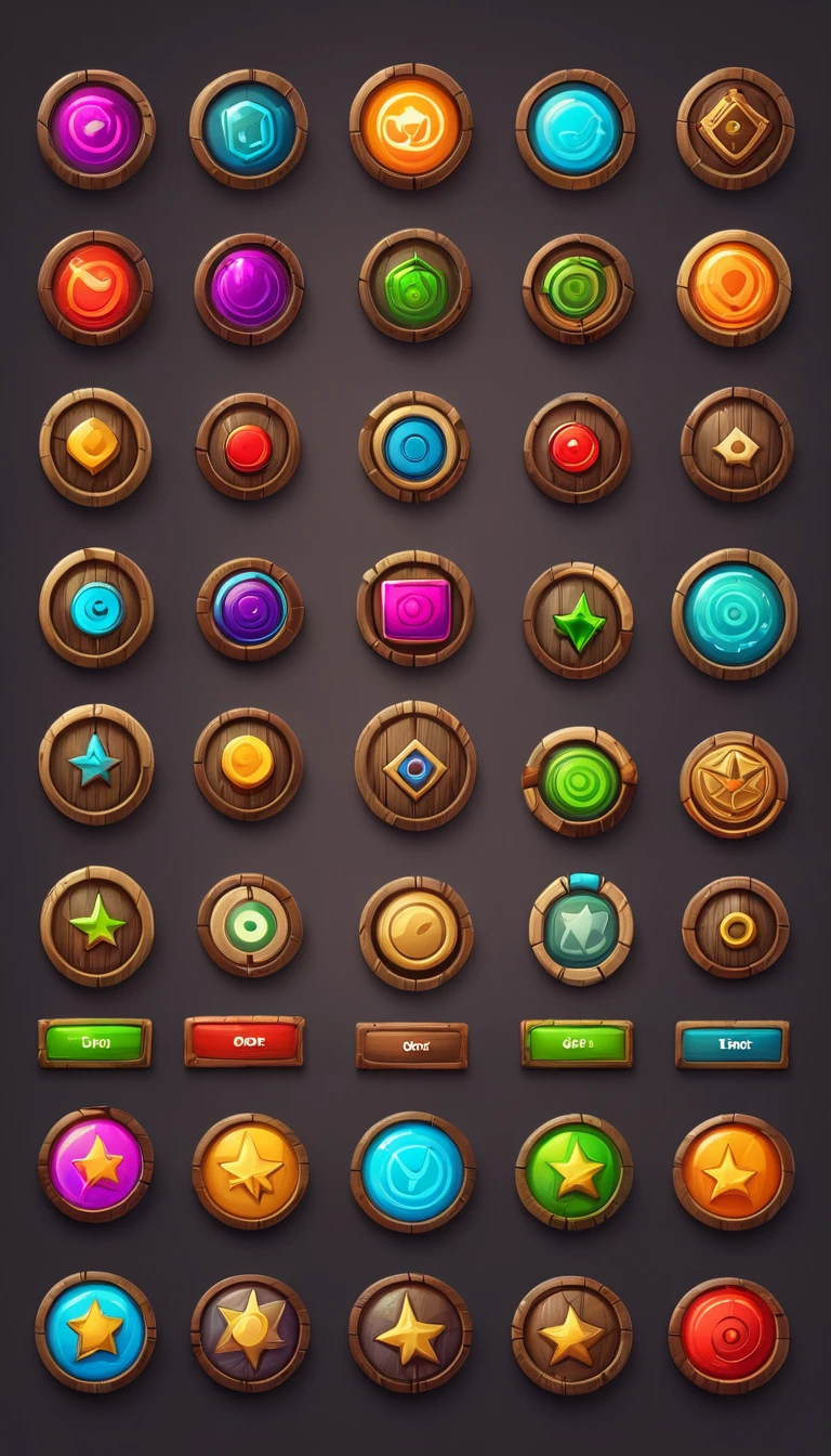 a set of UI Buttons,circular and rectangular Buttons,round buttons,wooden buttons with store or market symbol on it,Game Gui,game UI,UI design,64k, artstation, pinterest, best quality, by master ui artist, fantasy, stylized