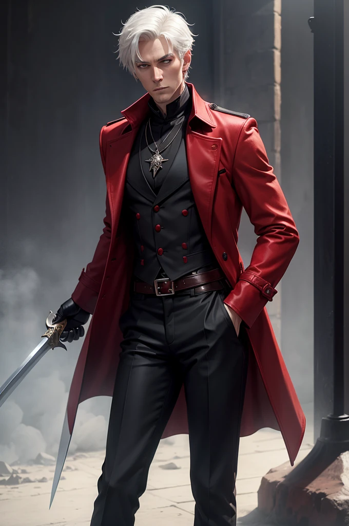 create me a tall man character , short white hair , wearing a red necklace around her neck , with a black shirt underneath a red overcoat , wearing black gloves , black pants and black cowboy boots , with a sword in the back