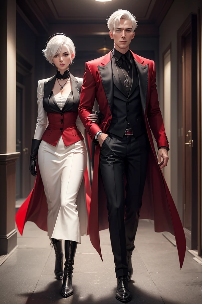 create me a tall man character , short white hair , wearing a red necklace around her neck , with a black shirt underneath a red overcoat , wearing black gloves , black pants and black cowboy boots , with a sword in the back
