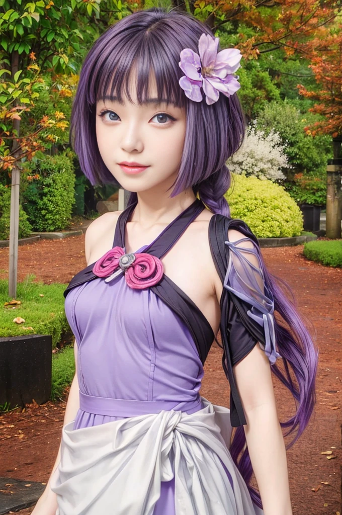 masterpiece, best quality, (realistic,photo-realistic:1.4), (RAW photo:1.2), extremely detailed CG unity 8k wallpaper, delicate and beautiful, amazing, finely detail,official art, absurdres, incredibly absurdres, huge filesize, ultra-detailed, extremely detailed, extremely detailkcaled girl,extremely detailed eyes and face, light on face,(little smiles:1.3),long hair,(purple hair:1.3),rooftop,city,small breast,(purple eyes:1.5),sumire kakei,nature,(purple dress:1.5),robe