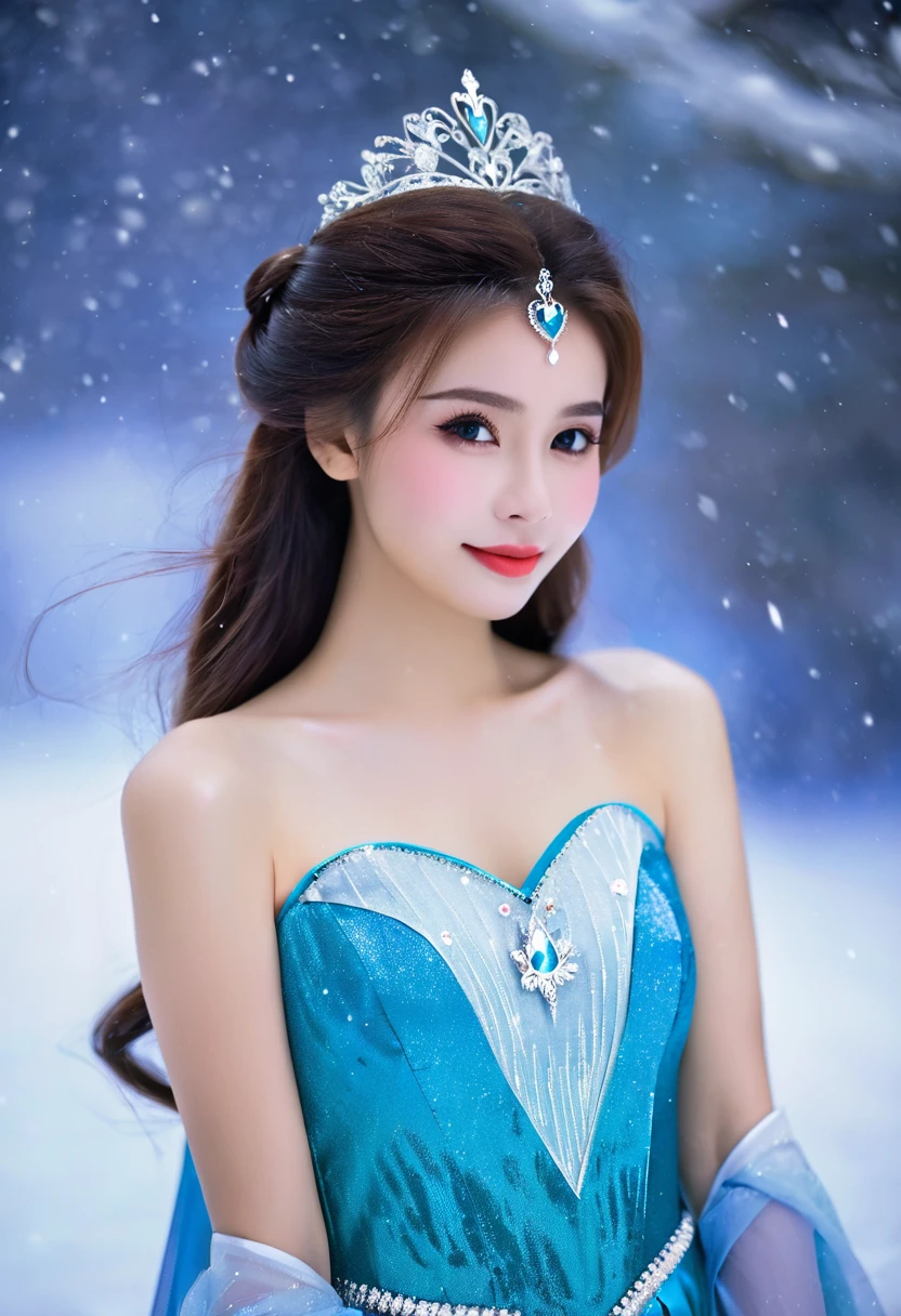 A beautiful girl wearing a princess Elsa's dreamy light blue dress and a jewel crown, the jewels on her clothes are shining, and behind her is a lovely snowman, the ice castle of Frozen, with transparent snowflakes flying, a spectacular ice castle with blurred background and snowflakes flying in the sky. , close-up high-definition photography, cool white skin color, extremely high image quality, enhanced details.with birds flying, blue sky and white clouds, backlight, morning sunshine, 19th century, impressionist style, style of Lovis Corinth,