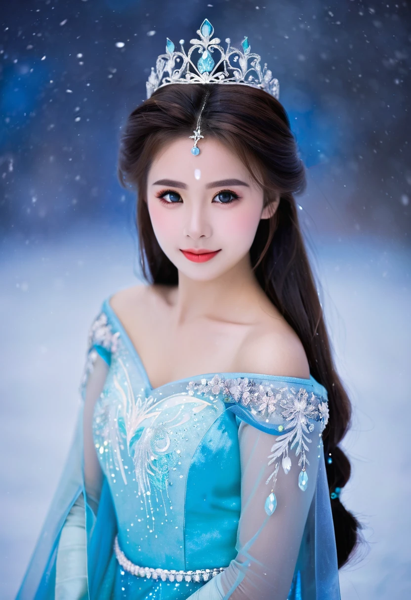 A beautiful girl wearing a princess Elsa's dreamy light blue dress and a jewel crown, the jewels on her clothes are shining, and behind her is a lovely snowman, the ice castle of Frozen, with transparent snowflakes flying, a spectacular ice castle with blurred background and snowflakes flying in the sky. , close-up high-definition photography, cool white skin color, extremely high image quality, enhanced details.with birds flying, blue sky and white clouds, backlight, morning sunshine, 19th century, impressionist style, style of Lovis Corinth,