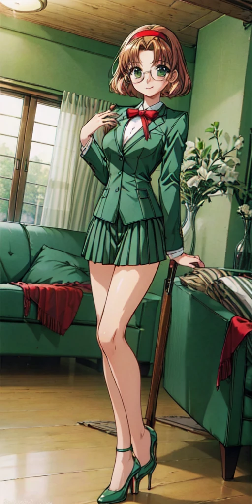 fuu hououji, 4k portrait, 1girl,short hair,light brown hair,Glasses,((red hairband)),green blazer,mini skirt,(green high heels:1.4), smile,masterpiece,Noise Reduction,perfect anatomy,high resolution, ultra-detailed,game cg,dutch angle ,beautiful detailed eyes,visualart,five fingers, perfect hands, perfect lighting,BREAK full body, standing, BREAK (indoor:1.6), (living room:1.4)