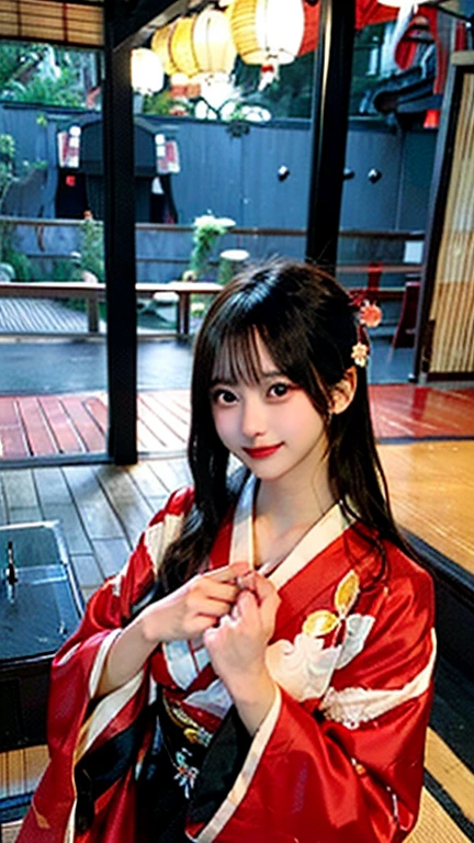A beautiful woman、Japanese、Black and white kimono、In the Japan garden、Big 、Black Hair、Shortcuts、Her chest is exposed、Holding an umbrella