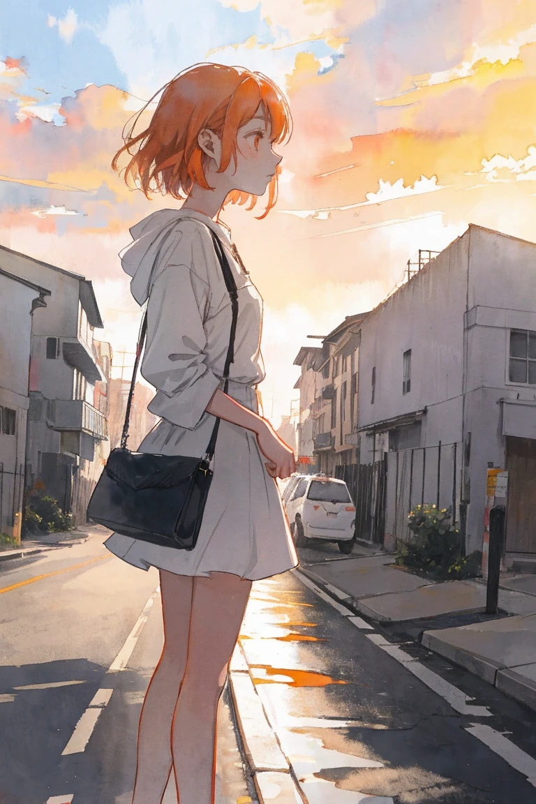 watercolor,building,Girl in the distance,sunset,setting sun,Big Sky,orange,Sad expression,whole body