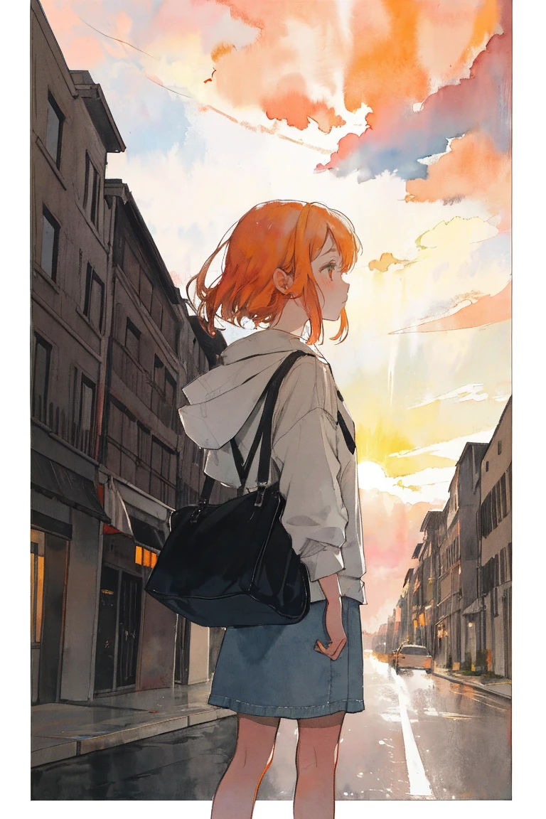 watercolor,building,Girl in the distance,sunset,setting sun,Big Sky,orange,Sad expression,whole body