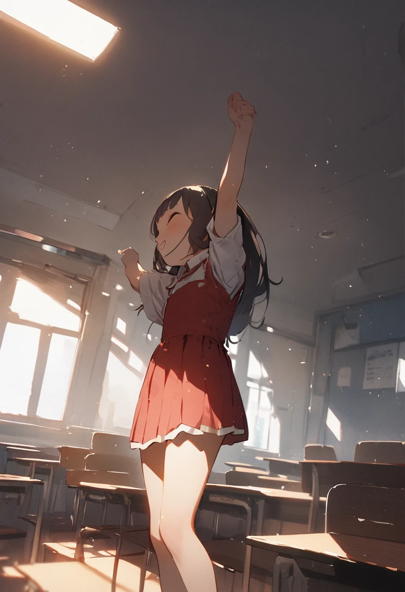 air conditioner、Air conditioning is cool、School、In the classroom、Sitting in a chair、Girl、Girl、Short、Younger、Lower school year、Baby Face、flat chest、Dynamic Angle、masterpiece、best quality、ultra-detail、Summer sunshine、Miniskirt、The desks are lined up、smile、There are several classmates behind me.、Clothing