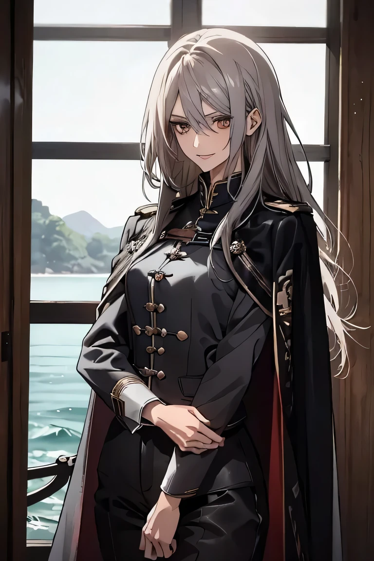 (Confused, High resolution, Very detailed), 1 female, Silver Hair,Long Hair,Reddish brown eyes,Blue and black military uniform,24th generation,beauty,mature,thin,quiet,Calm,A small smile,Cape,Slender and thin,Knee-high boots,skinny pants,Sea at dawn,Small breasts,thin body,Are thin