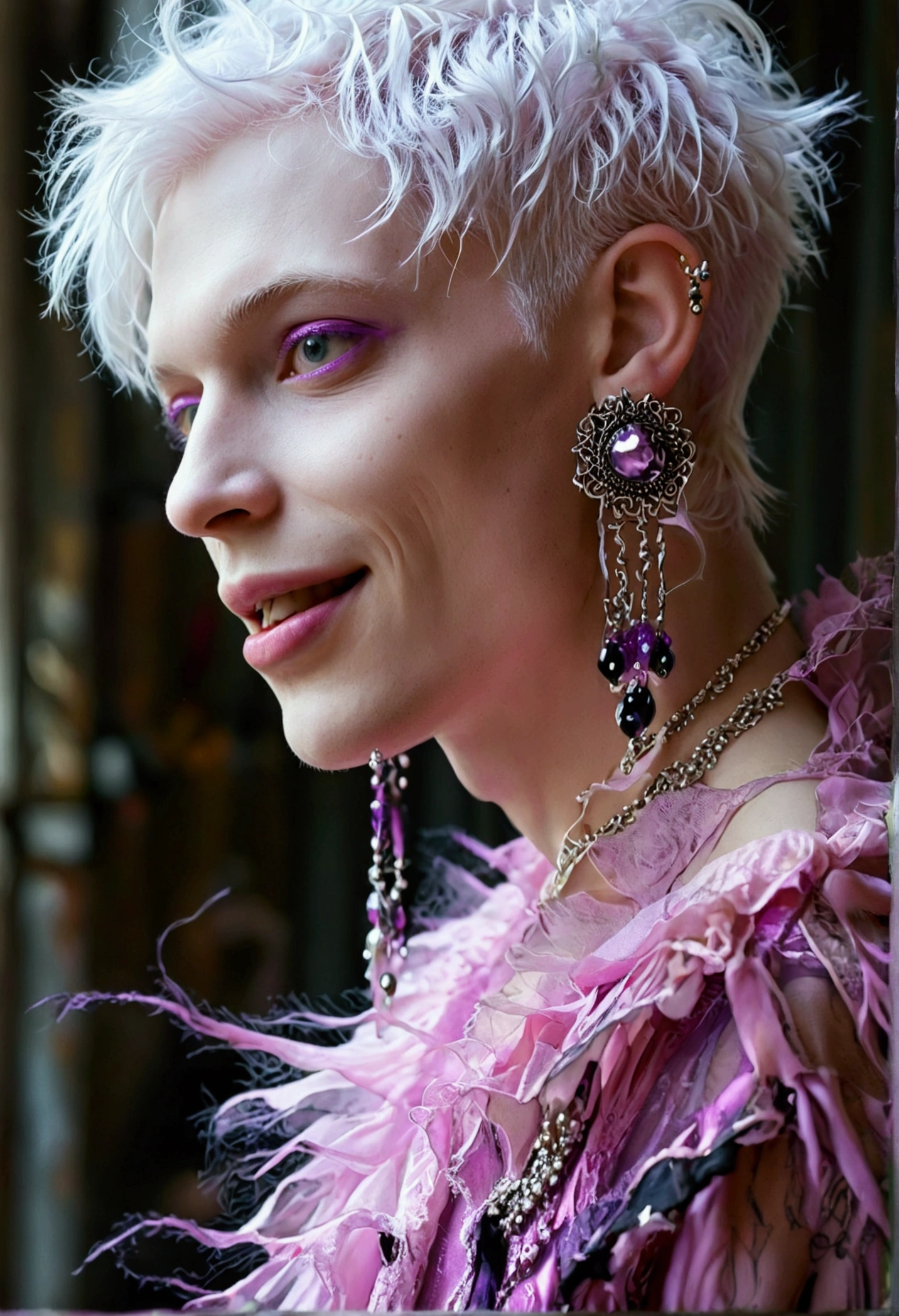 short white hair, skinny man, pink goth, earrings, pale skin, purple eyes, laughing