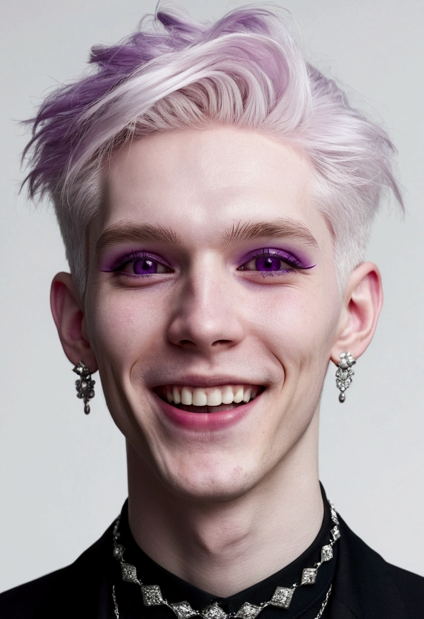 short white hair, skinny man, pink goth, earrings, pale skin, purple eyes, laughing