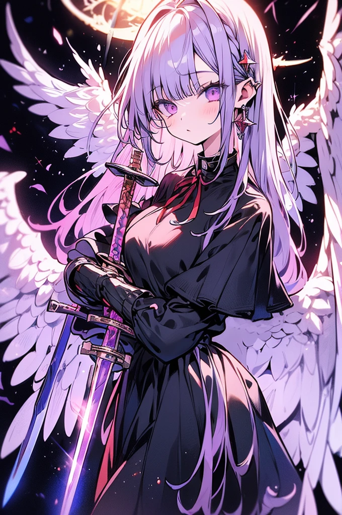 Masterpiece,angel of punishment,(((((holding a sword))))),white long hair,purple eyes,four wings