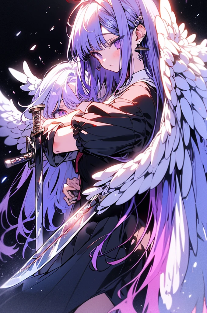 Masterpiece,angel of punishment,(((((holding a sword))))),white long hair,purple eyes,four wings