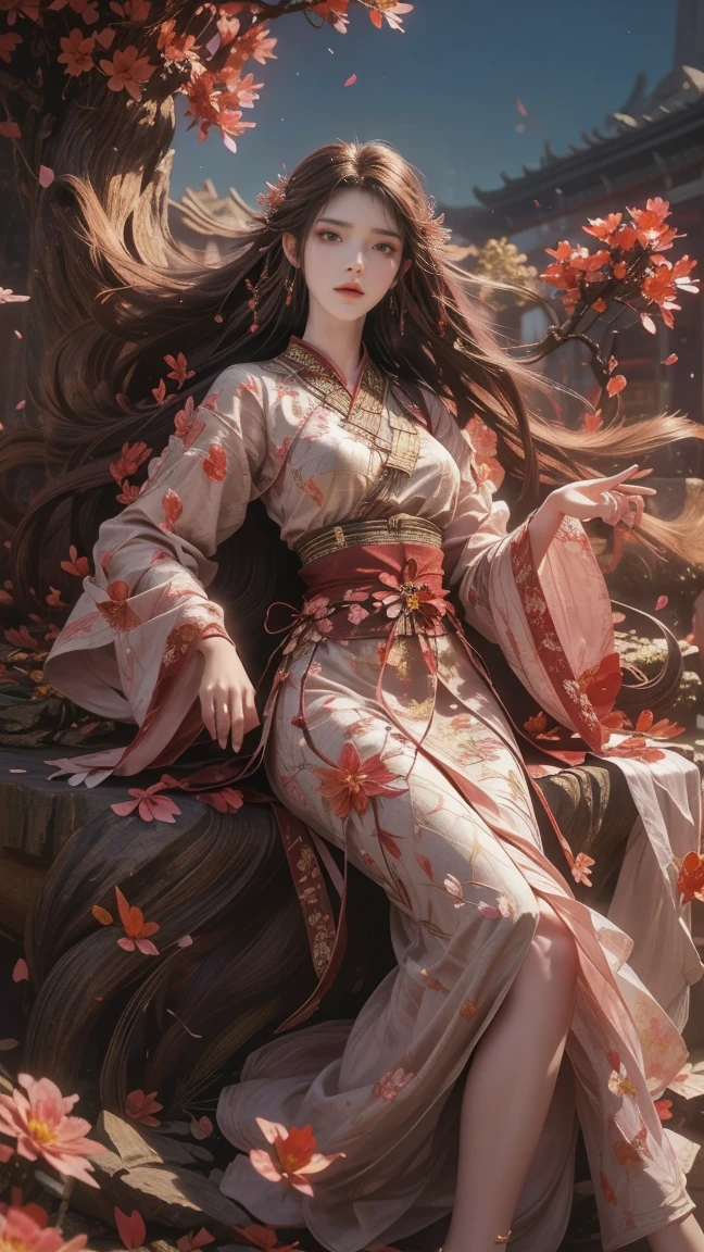 A beautiful woman with perfect curves wearing a long dress that gently flutters in the air,The beautiful woman was lie down in a sea of beautiful flowers surrounding her, Chinese traditional, her flexible body increasing with every movement, So enchanting, the dim candlelight, the glowing butterflies fighting the darkness of the night, the light of the moon, The night wind blowing the curtains, the pink flower petals , flower petals flying around the room, Chinese dancing, This woman is so beautiful that she attracts everyone who watches her, ancient China, imperial empress 