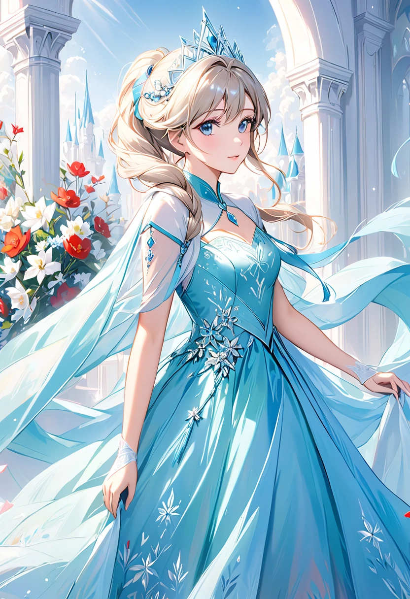 A beautiful girl wearing a princess Elsa&#39;s dreamy light blue dress and a jewel crown， the jewels on her clothes are shining， and behind her is a lovely snowman， the ice castle of Frozen， with transparent snowflakes flying， a spectacular ice castle with blurred background and snowflakes flying in the sky. ， close-up high-definition photography， cool white skin color， extremely high image quality， enhanced details.with birds flying， blue sky and white clouds， backlight， morning sunshine， 19th century， impressionist style， style of Lovis Corinth,