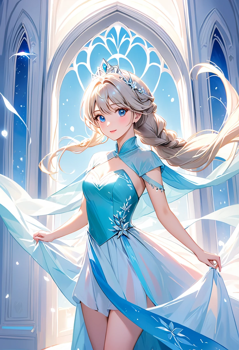 A beautiful girl wearing a princess Elsa's dreamy light blue dress and a jewel crown, the jewels on her clothes are shining, and behind her is a lovely snowman, the ice castle of Frozen, with transparent snowflakes flying, a spectacular ice castle with blurred background and snowflakes flying in the sky. , close-up high-definition photography, cool white skin color, extremely high image quality, enhanced details.with birds flying, blue sky and white clouds, backlight, morning sunshine, 19th century, impressionist style, style of Lovis Corinth,