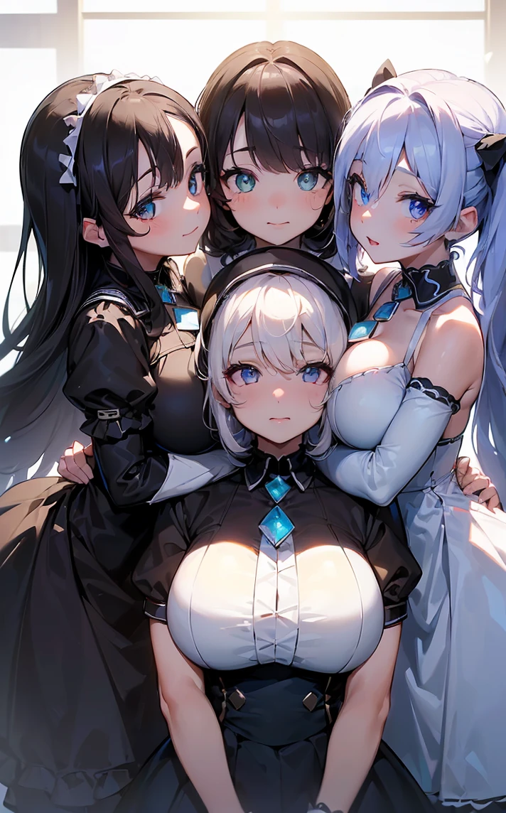 (Cute eyes:1.2), (Sparkling eyes:1.2),(Beautiful Eyes:1.2), Highest quality,wonderful,finely,Highly detailed CG Unity 8k wallpaper, (The three of them hugged each other:1.3),(Three people of different heights:1.5), (Three Girls, Idol, Skinny body, Dressed), (Huge :1.3), (Open your mouth:1.1),(Idolグループ:1.2),(From behind:1.2),(Beautiful Eyes:1.2),(Different hairstyles),(All three of them wear the same costume:1.6),(All three have different eye colors:1.5),(All three have different skin colors.:1.5),(Upper Body:1.5),(Live Stage:1.3)