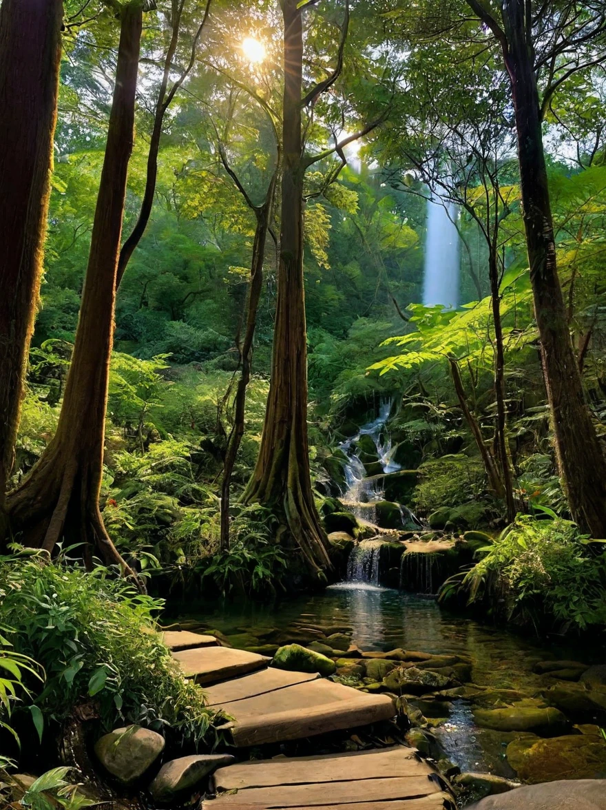 Enchanted Forest at Dusk, Towering ancient tree々A fantastic light shines through the gaps, Vividly drawn lush undergrowth, Mysterious creatures lurking in the shadows, Twinkling fairy lights weave among the leaves, Sparkling pure water flows、Crystal clear stream, Magical waterfall in the background, Fantastic wild animals drinking water at the water&#39;s edge, Very detailed, Photorealistic textures for any surface, Soft, diffused lighting creates a calming atmosphere, High Dynamic Range, Ultra HD 8K resolution, Depth of field to accentuate the magical focus, Art by Thomas Kinkade and Roger Dean, Immersive, Otherworldly beauty captured in cinematic quality,
