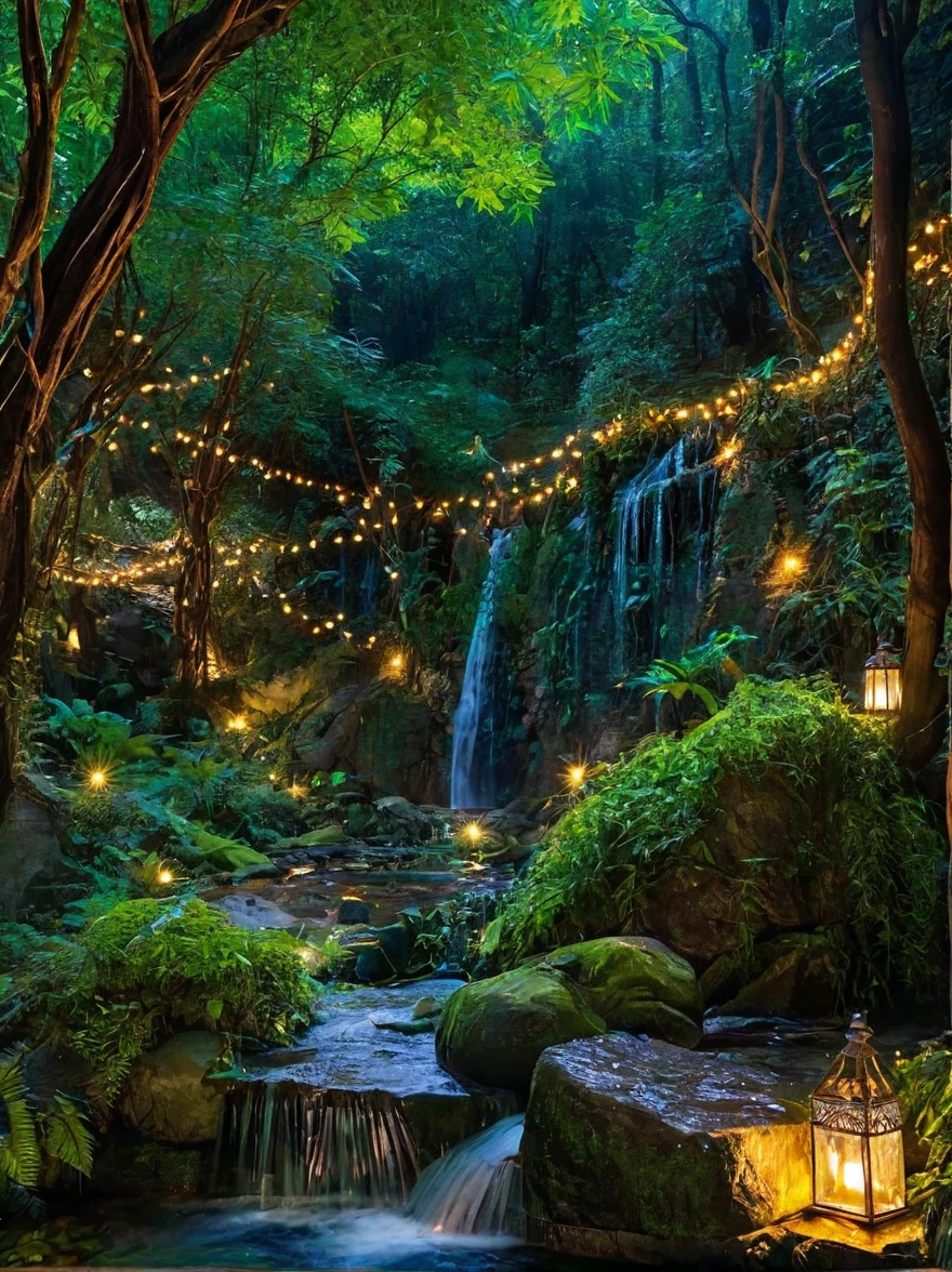 Enchanted Forest at Dusk, Towering ancient tree々A fantastic light shines through the gaps, Vividly drawn lush undergrowth, Mysterious creatures lurking in the shadows, Twinkling fairy lights weave among the leaves, Sparkling pure water flows、Crystal clear stream, Magical waterfall in the background, Fantastic wild animals drinking water at the water's edge, Very detailed, Photorealistic textures for any surface, Soft, diffused lighting creates a calming atmosphere, High Dynamic Range, Ultra HD 8K resolution, Depth of field to accentuate the magical focus, Art by Thomas Kinkade and Roger Dean, Immersive, Otherworldly beauty captured in cinematic quality,