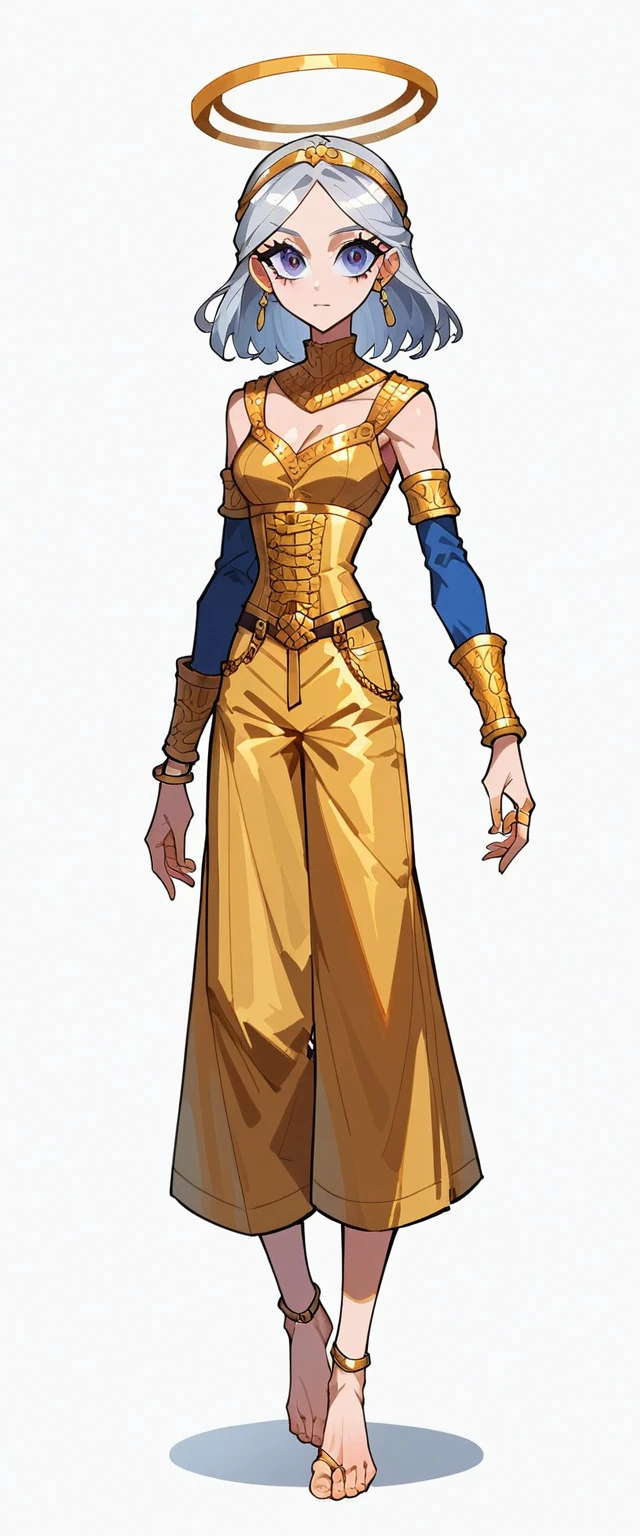 check_9, check_8_up, check_7_up, rating_safe, rainbow medieval girl, concept, halo overhead, full length, standing on my feet, Gold Shorts, gold shorts, feet in silver bracelets, dressed, beautiful big eyes, she's a hunter ,( fire crossbow in bows, gold shorts )