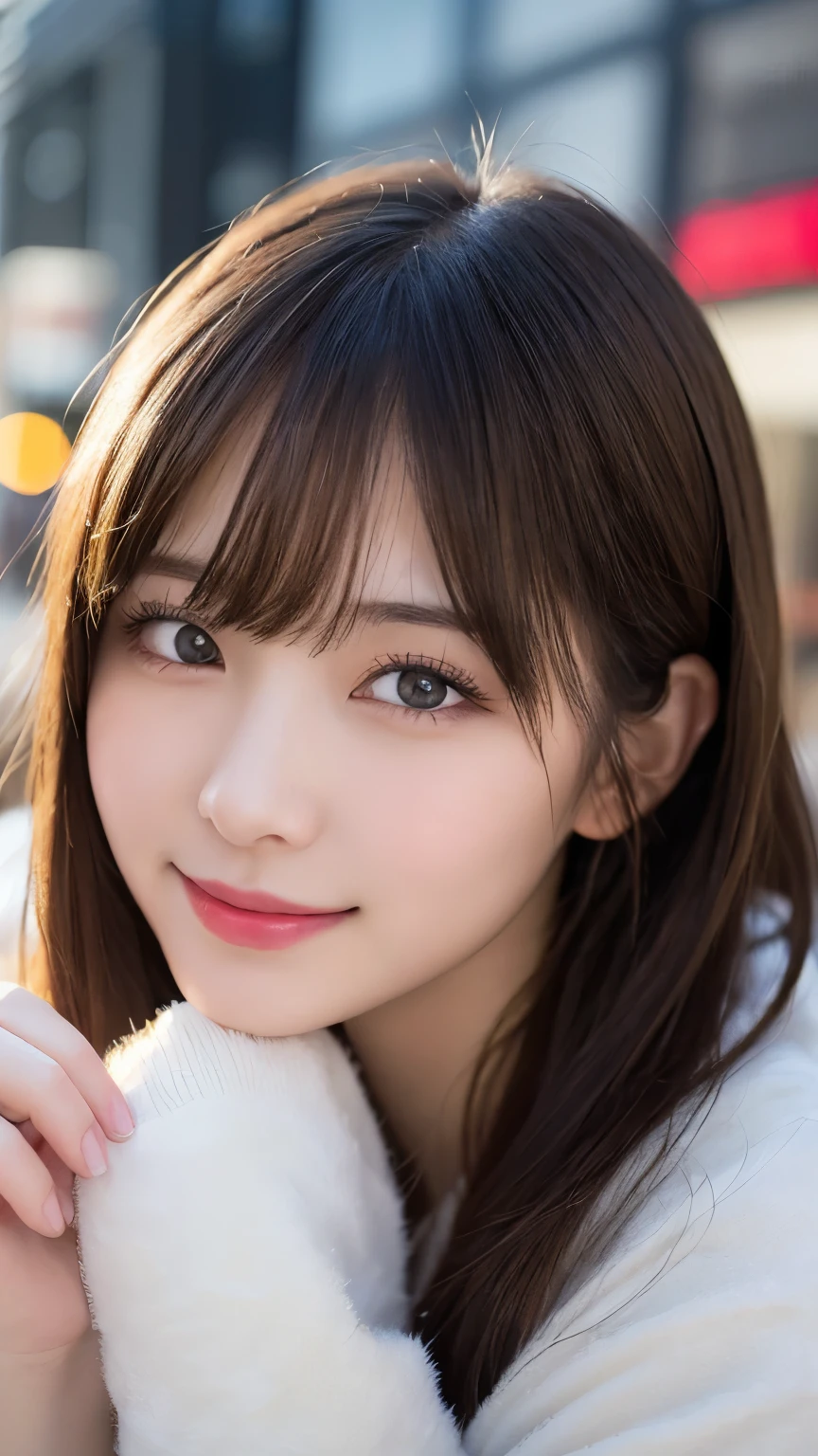 masutepiece, Best Quality, Illustration, Ultra-detailed, finely detail, hight resolution, 8K Wallpaper, Perfect dynamic composition, Beautiful detailed eyes, Cold winter clothes,Medium Hair,Small breasts natural color lip, Bold sexy poses,Smile,Harajuku、20 years girl、Cute、Sexy shot looking at camera
