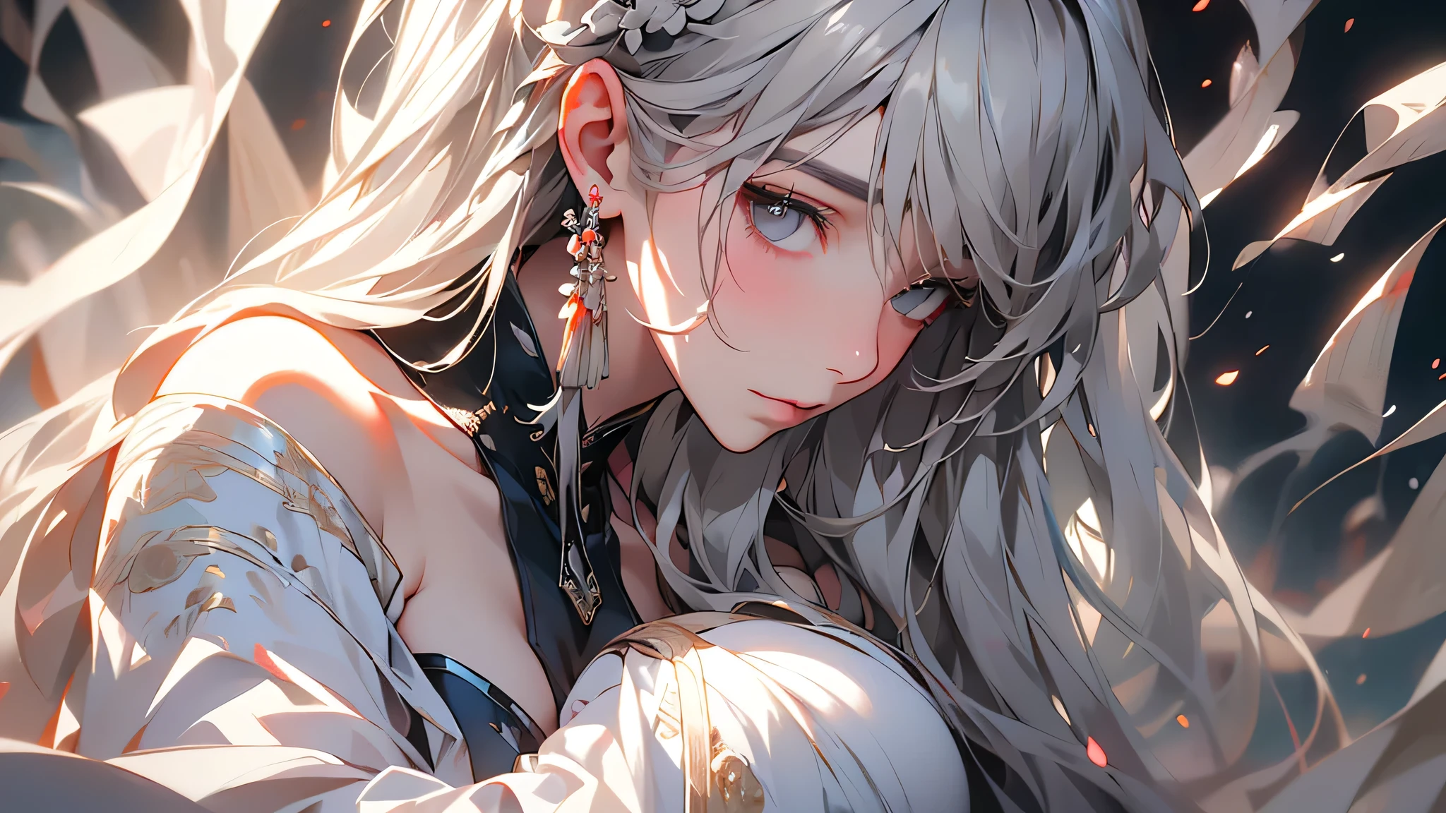 super high quality, masterpiece, Perfect illustration, Very detailed (Exquisite light and shadow, Very dramatic photo,Backlight) , ((Gray Hair:1.5))1 Girl,(( alone:1.6)), (Wearing Han clothes, Black and white Hanfu,Monotony,Long sleeve) (White smoke:1.3) (Realistic:1.4), Official Art, unity 8k wallpaper, Very detailed, Beautiful and beautiful, masterpiece, Highest quality, (Dynamic Angle: 1.4), Glowing Skin, (Floating colorful flashes: 1) The most beautiful chaotic shapes, elegant, Brutalist Design, Bright colors, Romantic Depth of Field Exotic_dance, half_naked、Expose your shoulders、Ample breasts、Great cleavage、Lean forward