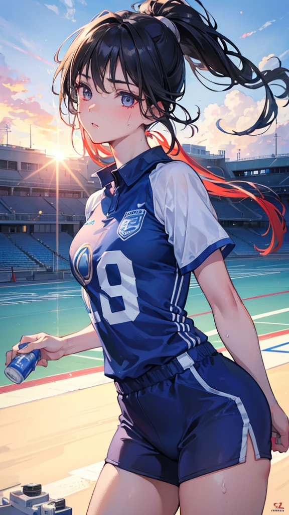 A female track and field athlete, 18 years old, drinking water from a water bottle, wearing a sports uniform, with black hair in a ponytail, red eyes, sweating, on a school sports field, bright sunlight, clear blue sky, summer, (best quality,4k,8k,highres,masterpiece:1.2),ultra-detailed,(realistic,photorealistic,photo-realistic:1.37),extremely detailed eyes and face,beautiful detailed eyes,beautiful detailed lips,longeyelashes,highly detailed athletic uniform,sweat glistening on skin,dynamic pose,sun flare,vibrant colors,cinematic lighting