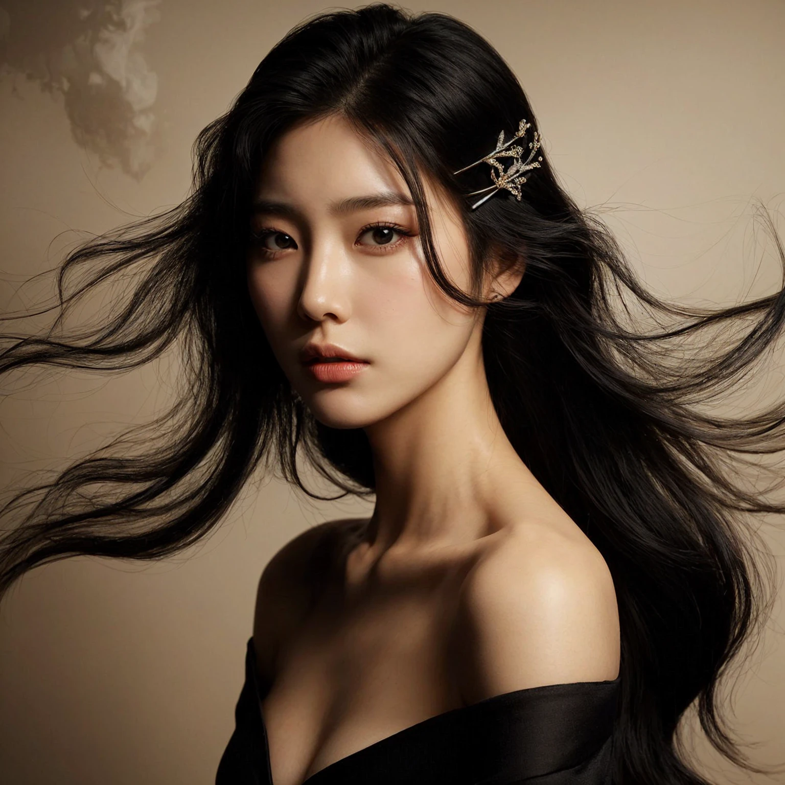 Create a portrait of a young korean woman, flowing black hair, set against a cream, smoky background. She is wearing a black open shoulders dress and has a poised, medium chest, elegant expression. The woman has a hairpin with intricate designs in her hair, adding a touch of sophistication to her look. The lighting is soft and dramatic, highlighting her facial features and creating a sense of depth and mystery in the composition.
