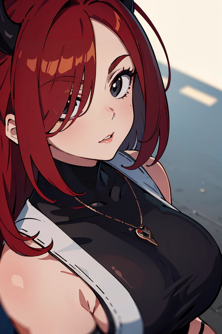 masterpiece, best quality, highly detailed background, perfect lighting, best quality, (extremely detailed face), volumetric lighting, intricate details, shadow, tonemapping, sharp focus, hyper detailed, trending on Artstation, (solo) ((Looking at the viewer)) (red hair) (Hair over face) (only one eye visible) (dressed in black) (satanic necklace) (black eyes) (curvy) (Big breasts)