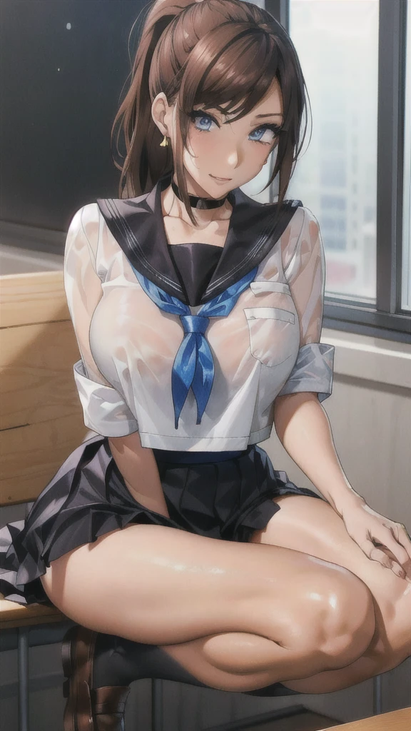 ((Correct Anatomy)),(Female ),((school uniform)),((Sailor suit)),((Lace panties)),(Mini Pleated Skirt),(((Black Pantyhose))),Ultra-high resolution,Mature Woman, Mature Woman, Very detailed,Sunburned skin,Brown Skin,((Beautiful feet)),(Big Breasts),((Beautiful legs)),Perfect hands, Detailed fingers, Beautiful details, ((Long Hair)),((ponytail)),Black Choker, Earrings,loafers,Embarrassing,Perfect Eyes, Captivating eyes