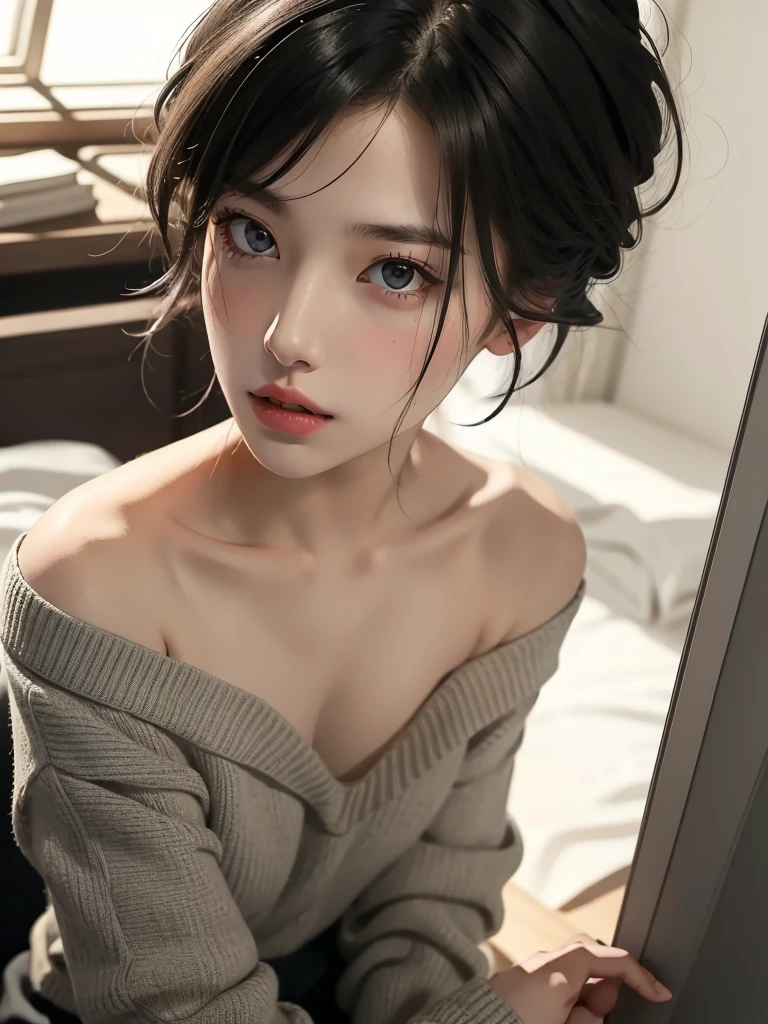 best quality, masterpiece, Ultra-high resolution, (Reality:1.5), RAW photos, 1 Girl, Off-shoulder, Low profile, Cold Light, Sexy look, Black short hair,Red eyes