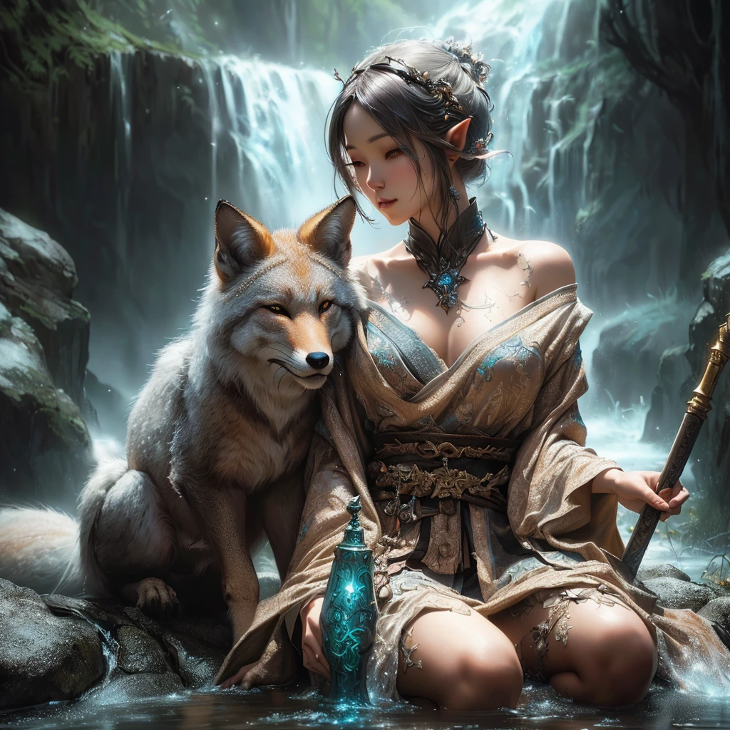 {(nsfw:1.2),(bottomless:1.2},An elven woman sitting on the ground with a gray fox beside her, wlop and ross tran, Ross Tran and WLOP, realistic fantasy photography, Surreal fantasy art, Digital fantasy art ), Fantasy art style, Beautiful digital art, Realistic fantasy painting, trending Digital fantasy art, Realistic fantasy art, realistic fantasy render, Breathtaking fantasy art