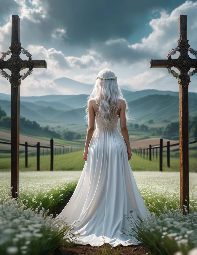 quality(8k wallpaper of extremely detailed CG unit, masterpiece, hight resolution, top-quality, top-quality real texture skin,hyper realisitic, digitial painting,increase the resolution,RAW photos,best qualtiy,highly detailed,the wallpaper),BREAK,8K, Girl in white dress, darkfantasy, standing in middle of cross field, shot from back, long white hair