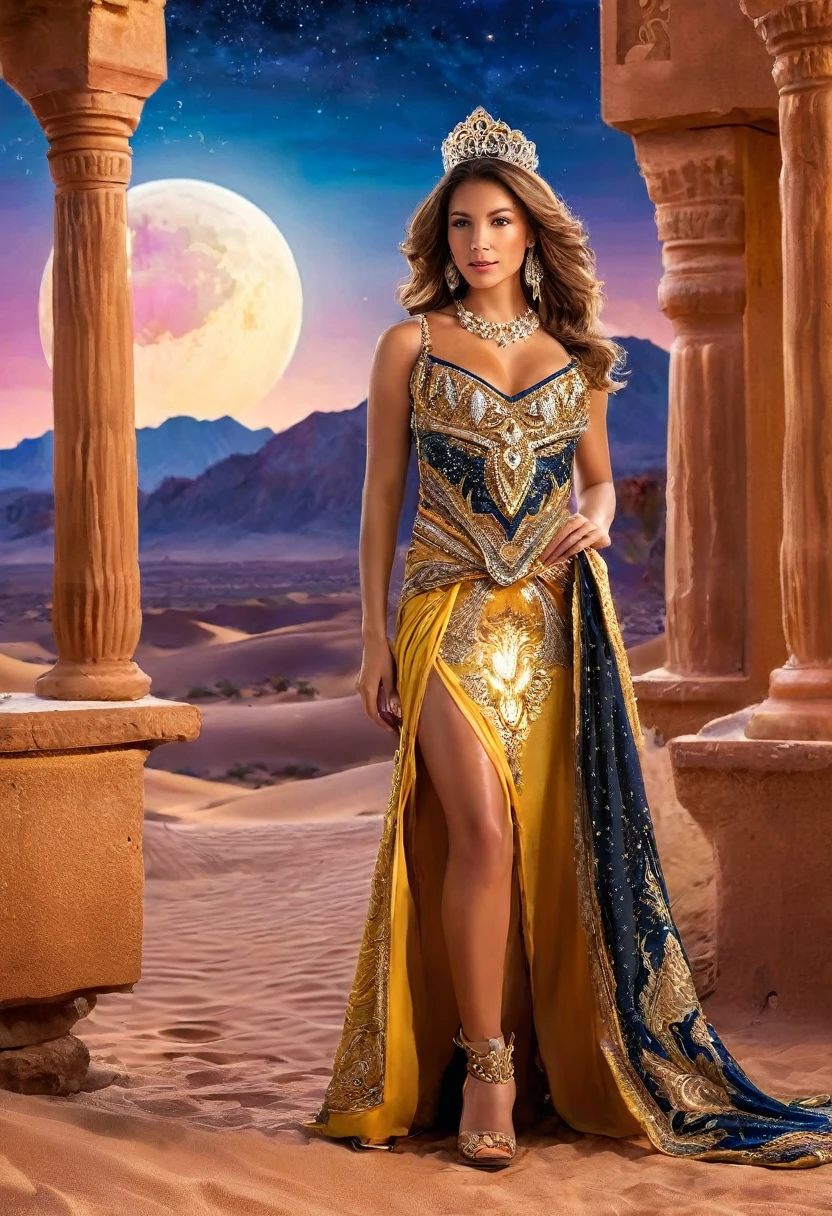 Arafed digital painting of a desert princess BREAK and her pet cougar in her palace high details, best quality, 16k, f a female human princess and her pet cougar, princess of the desert, full body, ((anatomically correct: 1.5)) ((standing: 1.5)) proudly royalty demeanor, a woman, (best detailed face: 1.5), Ultra Detailed face, wearing royal desert dress, decorated with gems, wearing princess tiara, small cleavage, thigh high intricate leather high heeled boot, thick hair, long hair, brown hair, tan skin intense brown eyes, her epic desert (cougar : 1.3) lying at her feet, guarding her, an epic fantasy desert palace in an oasis in the background (intricate details, Masterpiece, best quality: 1.5) night, moon light, stars ,Wide-Angle, award winning, best quality, high quality, high details, highres, vibrant, Ultra-high resolution, High Contrast, (masterpiece:1.5), highest quality, Best aesthetics, best details, best quality, highres, ultra wide angle, 16k, [ultra detailed], masterpiece, best quality, chumbasket art style, Cinematic Hollywood Film, digital painting