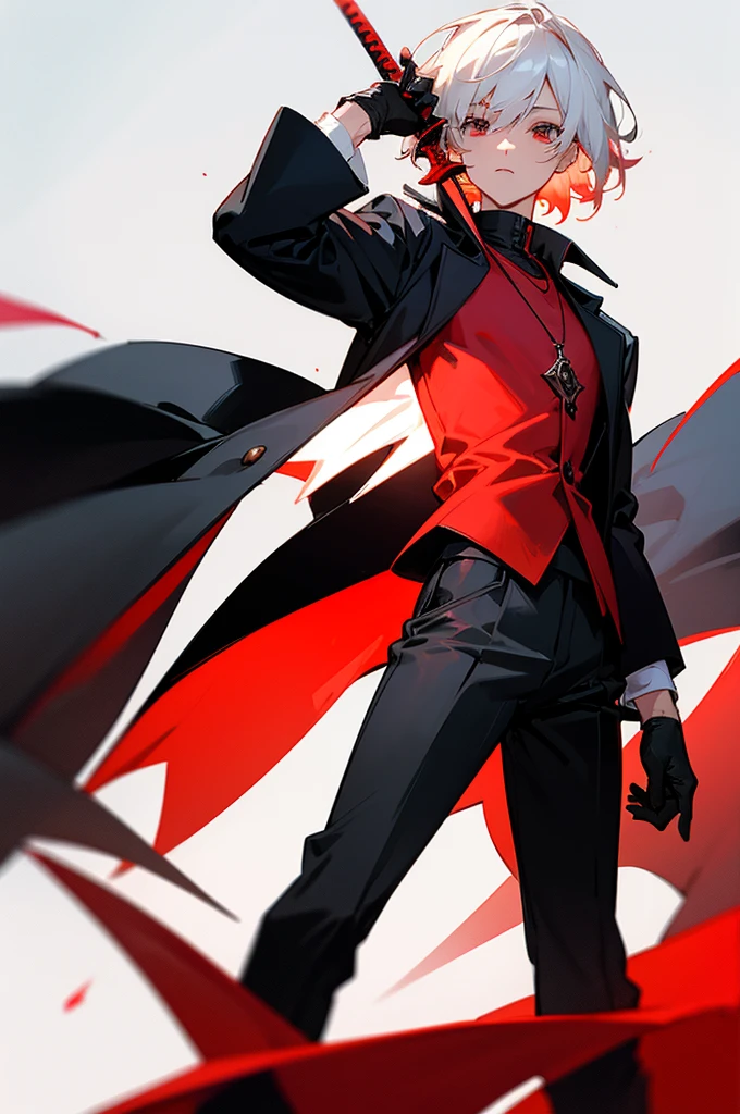 create me a tall man character , short white hair , wearing a red necklace around her neck , with a black shirt underneath a red overcoat , wearing black gloves , black pants and black cowboy boots , with a sword in the back 