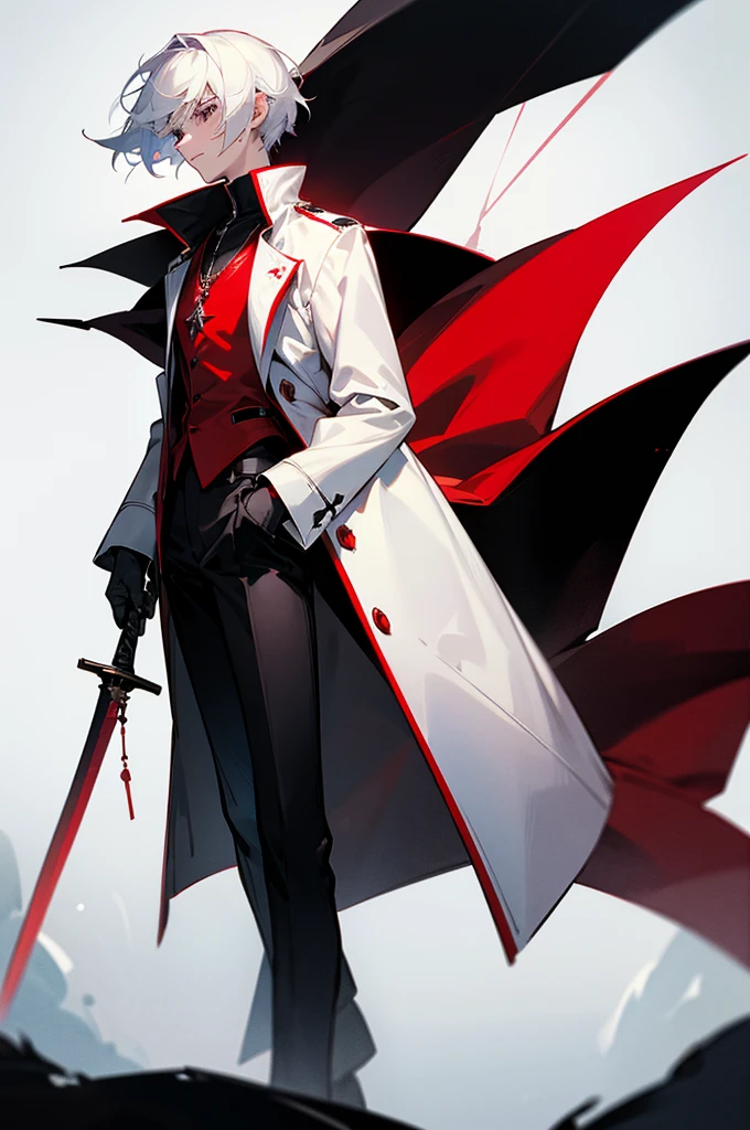 create me a tall man character , short white hair , wearing a red necklace around her neck , with a black shirt underneath a red overcoat , wearing black gloves , black pants and black cowboy boots , with a sword in the back