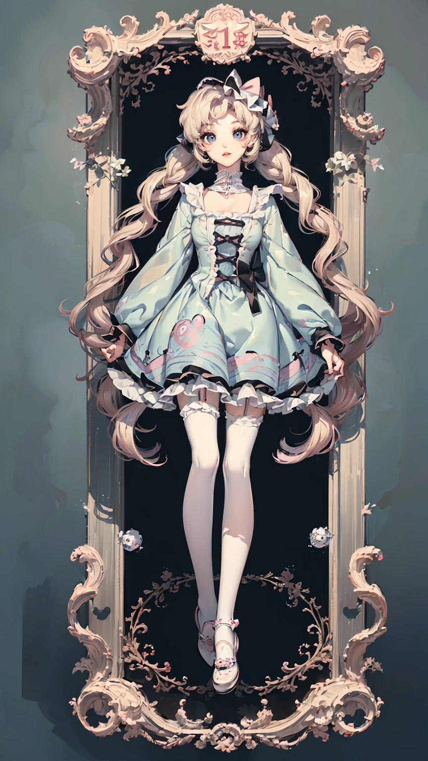 ((full body: 2)),((tachi-e:2.0)), ((UHD, masterpiece, super detail, best quality, highres, 8k)), (detailed line art), perfect face, Human, ca. 20 yrs, (1 female), (light pink hair:1.0, fluffy hair;1.0, long hair:1.0, half up:1. 5 ), (image of Pisces, sea, water surface), (light blue and light purple eyes:1.0, (( gradation eyes:1.5)), round eyes, droopy eyes, droopy eyebrows), ((Sweet ta style outfit:1.5), light blue Loliress:1.5 water surface pattern drapes and ruffles:1.0, silver and jeweled ornaments and accessories:1.5), nautical cross-strap pinwheels), smiling