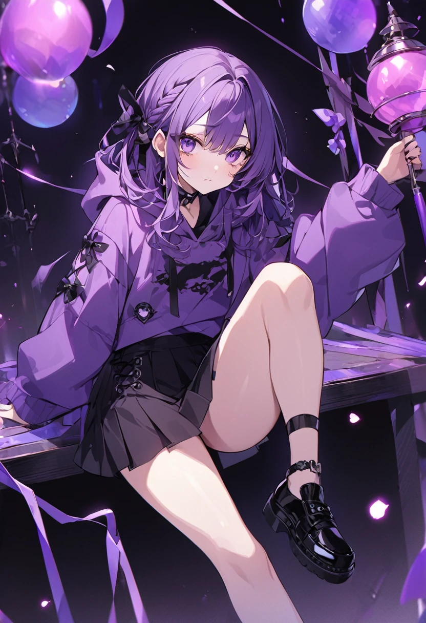 Kate。Purple Eyes。Purple Hair。Purple hoodie。Black Skirt。Black shoes下。Black shoes。Two black ribbons。