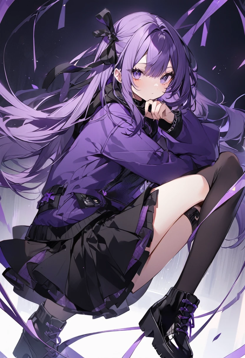 Kate。Purple Eyes。Purple Hair。Purple hoodie。Black Skirt。Black shoes下。Black shoes。Two black ribbons。