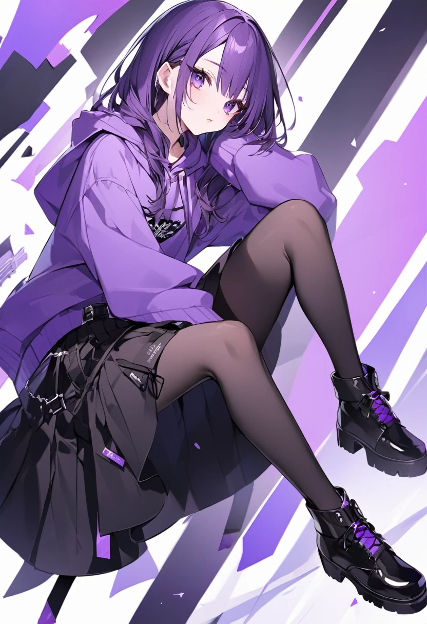 Kate。Purple Eyes。Purple Hair。Purple hoodie。Black Skirt。Black shoes下。Black shoes。Two black ribbons。