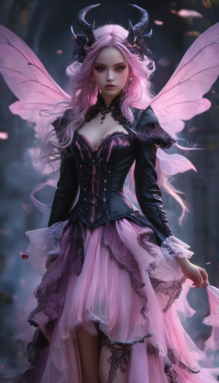 Create an image of a captivating fantasy character with a dark, enchanting aura. The character should have long, flowing hair with a striking ombre effect, transitioning from black to pink. She has large, expressive eyes with dramatic, dark makeup that enhances her alluring gaze. Her outfit should be a form-fitting, gothic-inspired corset dress with intricate lace and leather details, featuring a combination of black and pink hues. The dress should have a plunging neckline and long, patterned sleeves that add to the dramatic effect. She has fairy-like wings with a similar black and pink color scheme, and her look is completed with a pair of elegant, curved black horns. Her ears should be slightly pointed, adding to her mystical appearance. The background should be softly blurred with a bokeh effect in shades of pink and purple, creating a dreamy, otherworldly atmosphere that highlights the character's ethereal beauty and dark, fairy-tale charm.