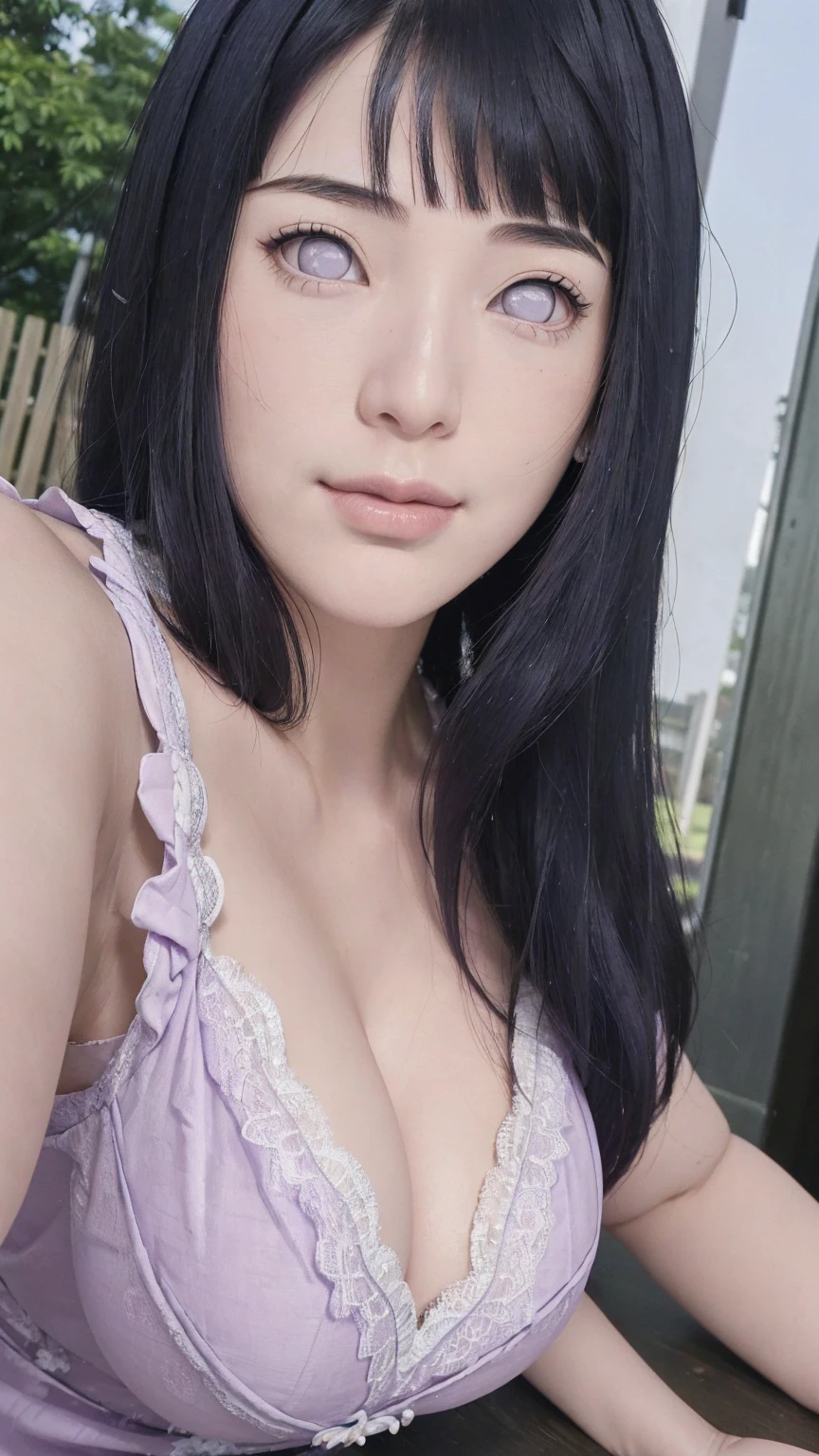 masterpiece, hinata\(boruto\), 1girl, mature women, (((light purple cotton lace nightgown))), (((Close-up photo))), (((Selfie))), (((Closed Clothing))), (((cleavage))), (((big breasts))), (((big round breasts))), (((round breasts))), (((extremely heavy breasts))), (((Colossal tits))), (((heavy breasts))), (((plump breasts))), (((perfect breasts))), (((Outdoor))), (shy face), detailed lips, beautiful face, blush, (pink lips), (((long hair))), white eyes, gentle gaze, smile, super realistic, detailed, realistic face and body, realistic hair, realistic eyes, realistic nose, realistic lips, seductive pose, (((straight bangs))), (dark blue hair), 28 year old girl