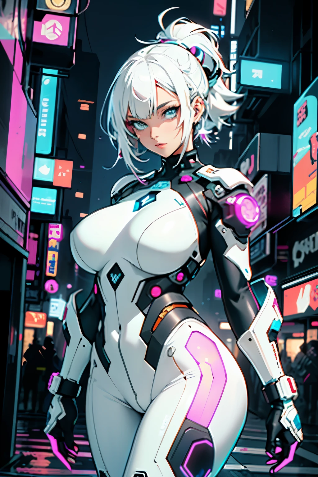 "cute anime-style cyborg, adorned with short, porcelain-white hair that sparkles under neon city lights, her body encased in a sleek, form-fitting body suit, accentuating her ample, rounded bust. The suit is a blend of technology and fashion, glowing circuits and intricate patterns tracing across its surface. As she stands against a backdrop of towering holographic advertisements, her bright, friendly eyes convey an air of innocence amidst the gritty, cyberpunk atmosphere, making her a striking contrast to the city's cold, mechanical heart."