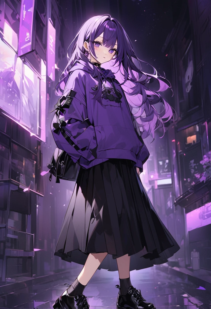 Kate。Purple Eyes。Purple Hair。Purple hoodie。Black Skirt。Black shoes下。Black shoes。Two black ribbons。